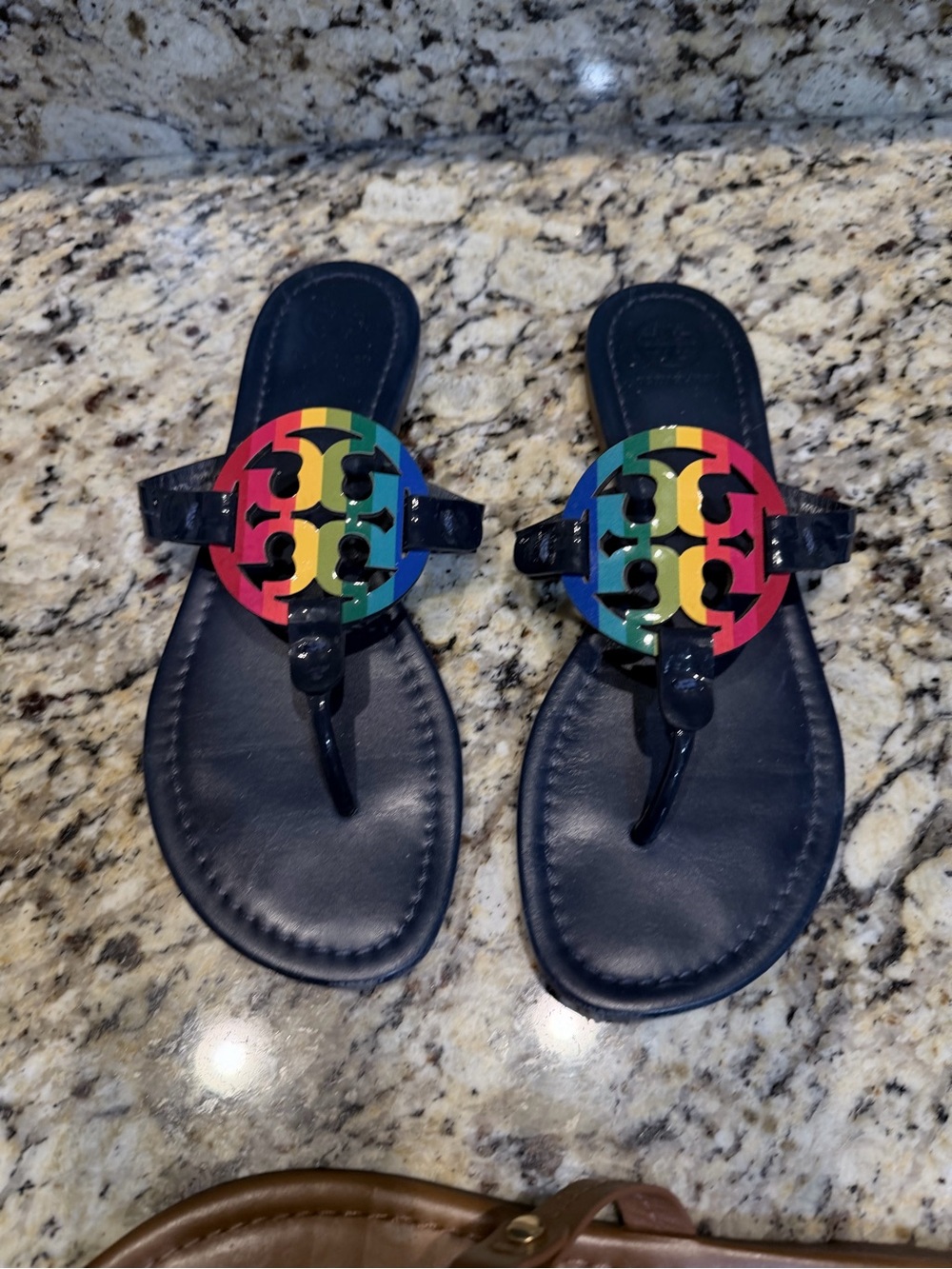 Tory Burch Black Toe-Post Sandal with Rainbow Logo